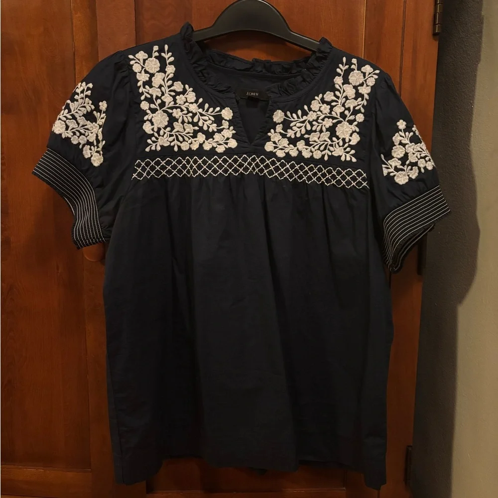 JCrew Embroidered Cotton Poplin Puff-Sleeve Top